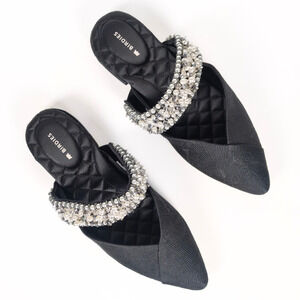 BIRDIES Swan Black Jacquard Mule Flats Beaded Cuff Pointed Toe Women's 7.5